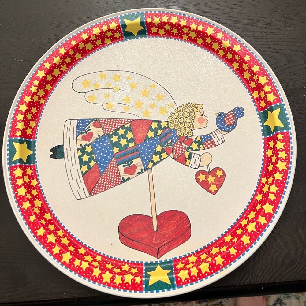 Vintage 1993 potpourri press metal tray patchwork angel serving